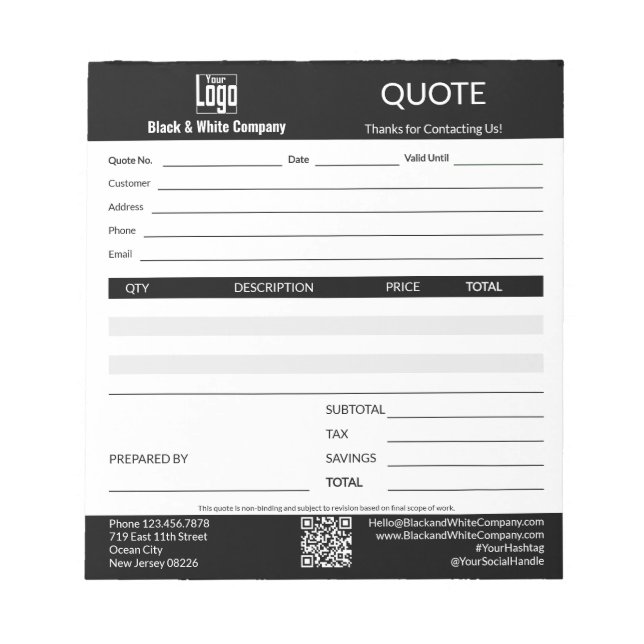 Basic Professional Service Business Black Quote  Notepad (Front)