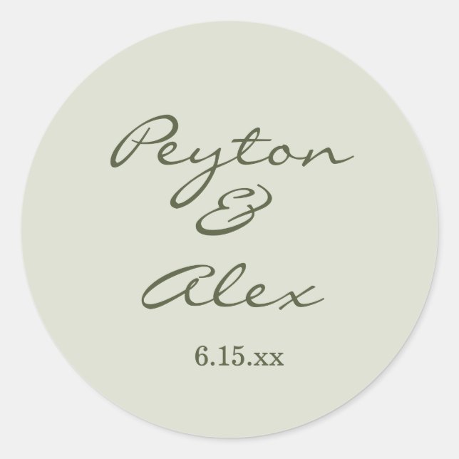 Basic Sage Green Script Wedding Classic Round Sticker (Front)