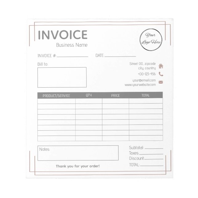 Basic white brown with logo small business invoice notepad (Front)