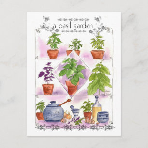 Basil Garden Watercolor Herb Art Pesto Garlic Postcard