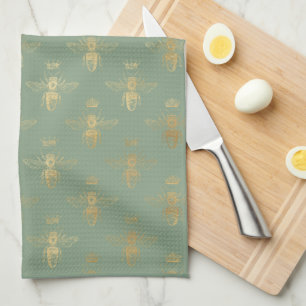 Basil Green and Gold Queen Bee  Kitchen Towel