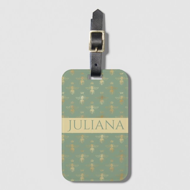 Basil Green and Gold Queen Bee Luggage Tag (Front Vertical)