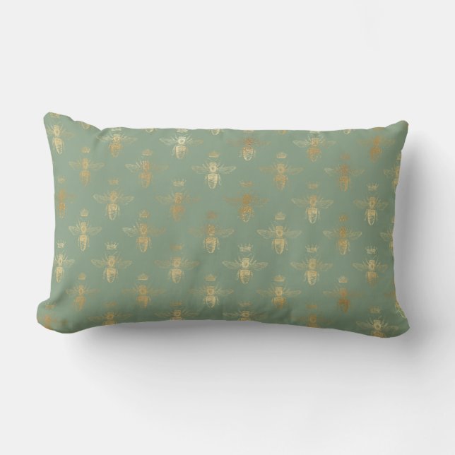 Basil Green and Gold Queen Bee Personalized  Lumbar Pillow (Front)