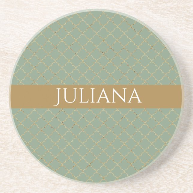 Basil Green Gold Quatrefoil Personalized  Coaster (Front)