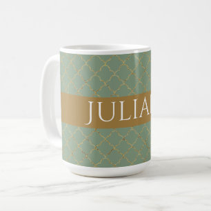 Basil Green Gold Quatrefoil Personalized  Coffee Mug