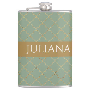 Basil Green Gold Quatrefoil Personalized Hip Flask