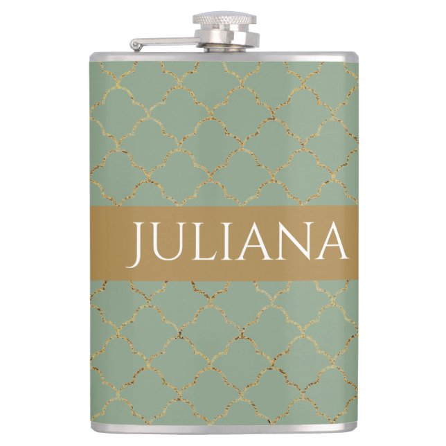 Basil Green Gold Quatrefoil Personalized  Hip Flask (Front)