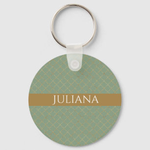 Basil Green Gold Quatrefoil Personalized  Keychain