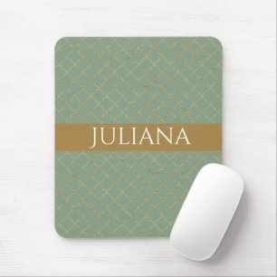 Basil Green Gold Quatrefoil Personalized  Mouse Pad