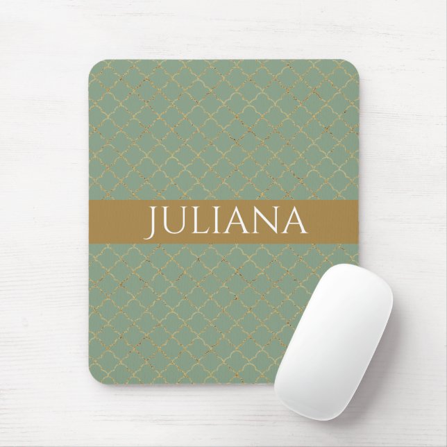 Basil Green Gold Quatrefoil Personalized  Mouse Pad (With Mouse)