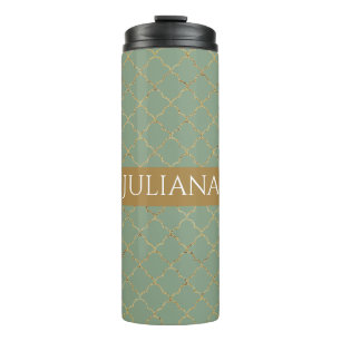 Basil Green Gold Quatrefoil Personalized  Thermal Tumbler