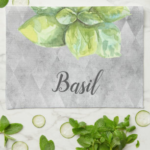 Basil Herb Watercolor Illustration Kitchen Towel