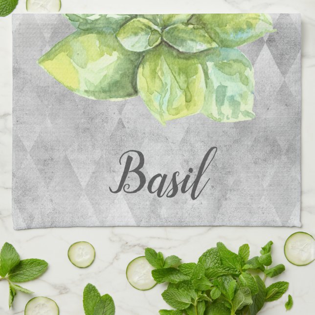 Basil Herb Watercolor Illustration  Kitchen Towel (Folded)