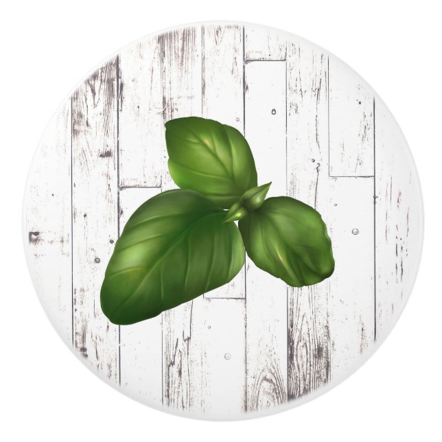 Basil Leaf White Wood Rustic Farmhouse Kitchen Ceramic Knob (Front)