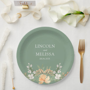 Basil, Peach and White Floral Wedding  Paper Plate