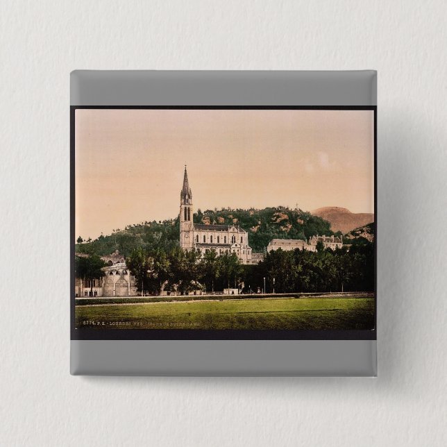 Basilique from La Prairie, Lourdes, Pyrenees, Fran 2 Inch Square Button (Front)