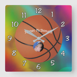 Baskeball Multi-colored Bkgrd Photo Personalize Square Wall Clock