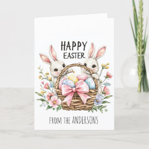 Basket full with eggs and two bunnies holiday card
