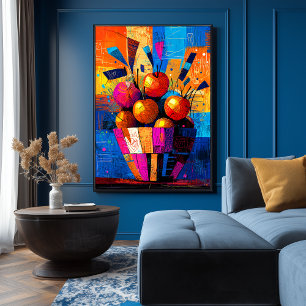 Basket of Apples in Vibrant Cubist Still Life Poster