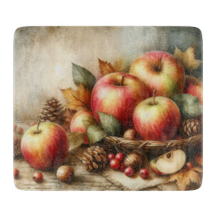Basket of apples on table vintage watercolor  cutting board
