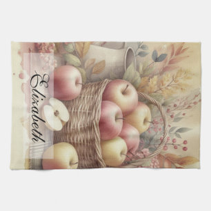 Basket of apples on table vintage watercolor kitchen towel