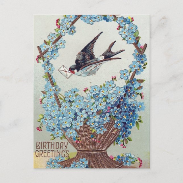 Basket of Blue Flowers Bird Birthday Postcard (Front)