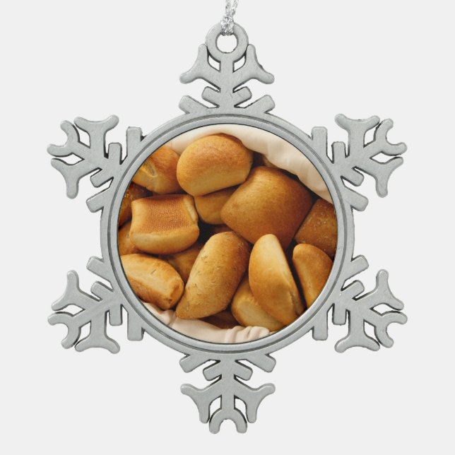 Basket of Dinner Rolls Snowflake Pewter Christmas Ornament (Front)