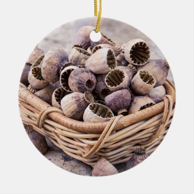 Basket of Dried Pod Poppy Seeds Ceramic Ornament (Front)