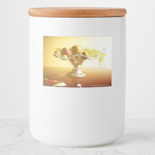 Basket of glass with fruits and batterfly   food label