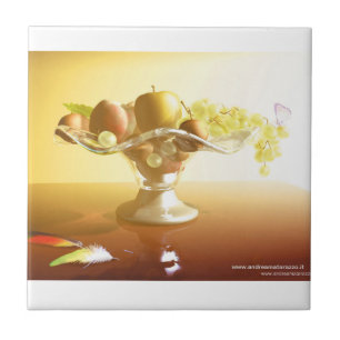 Basket of glass with fruits and batterfly    tile