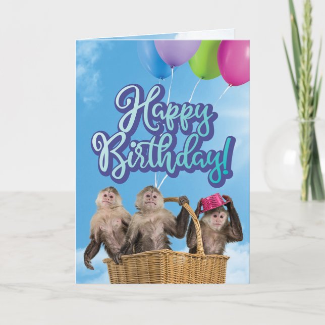 Basket of Monkeys and Balloons Birthday Card (Front)