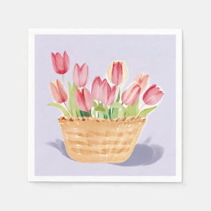 Basket of Tulips Floral Watercolor Painting Napkin