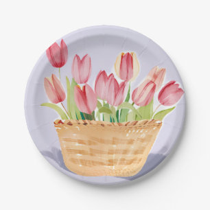 Basket of Tulips   Floral Watercolor Painting Paper Plate