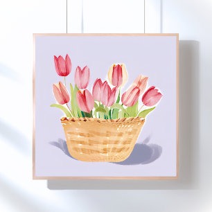 Basket of Tulips   Floral Watercolor Painting Poster