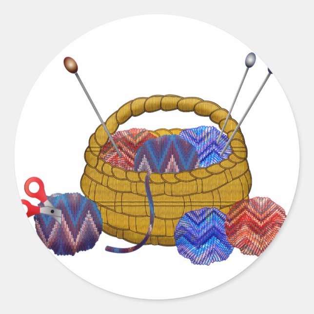 Basket of Yarn Knitting Needles Crochet Craft Classic Round Sticker (Front)