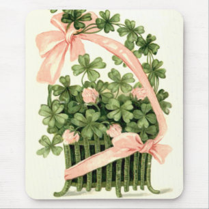 Basket Pink Ribbon Shamrock Four Leaf Clover Mouse Pad