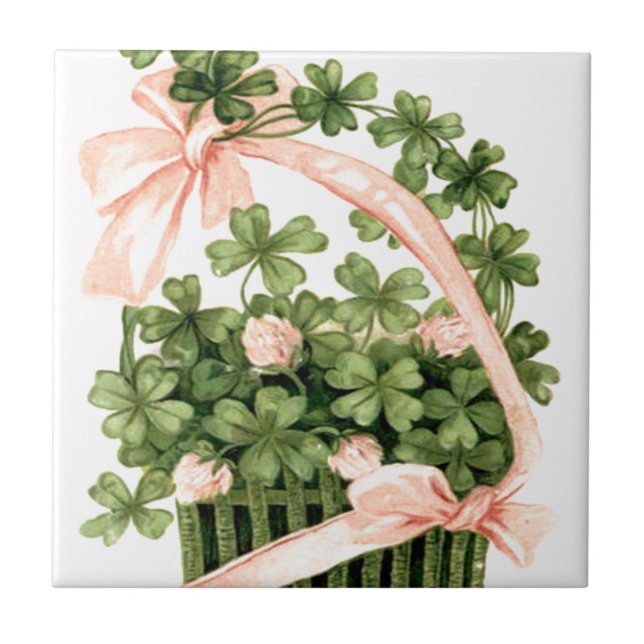 Basket Pink Ribbon Shamrock Four Leaf Clover Tile (Front)