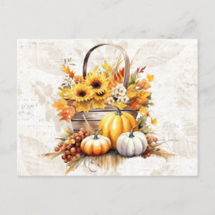 Basket Sunflowers Leaves Pumpkins Fall Halloween Holiday Postcard