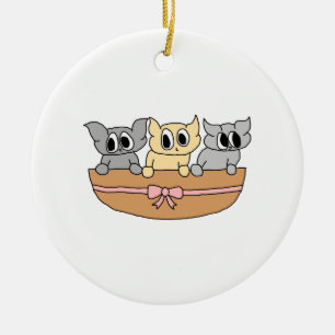 Basket with 3 Kittens, Cartoon. Ceramic Ornament