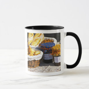 Basket with croissants and chocolate breads. mug