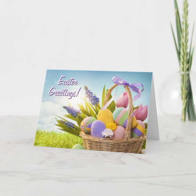 Basket with Easter Eggs on Green Grass Holiday Card (Front)