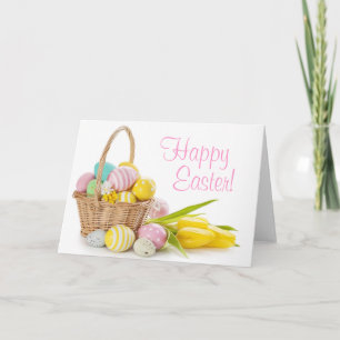 Basket with Easter Eggs on White Background Holiday Card