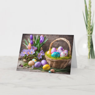Basket with Easter Painted Eggs, Crocus Flowers Holiday Card