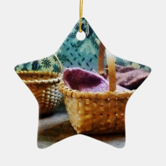 Basket With Knitting Ceramic Ornament (Front)