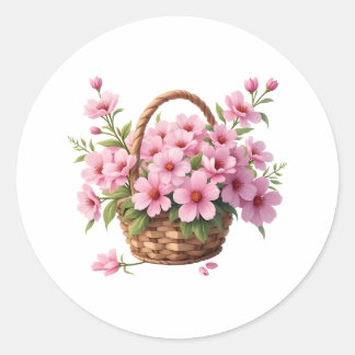 Basket with Pink Cherry Blossom Flowers  Classic Round Sticker