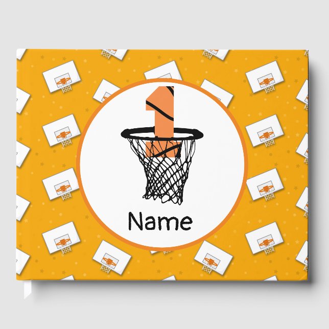 Basketball  1st Birthday with number in mini hoop  Guest Book (Front)