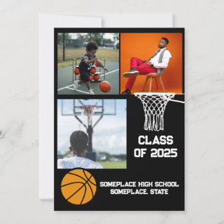 Basketball 3 Photo Collage Black Graduation Invitation
