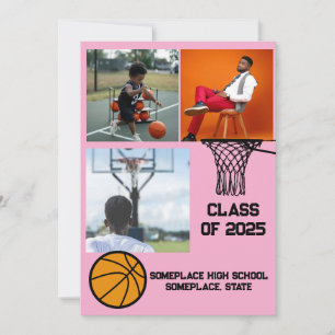 Basketball 3 Photo Collage Pink Graduation Announcement