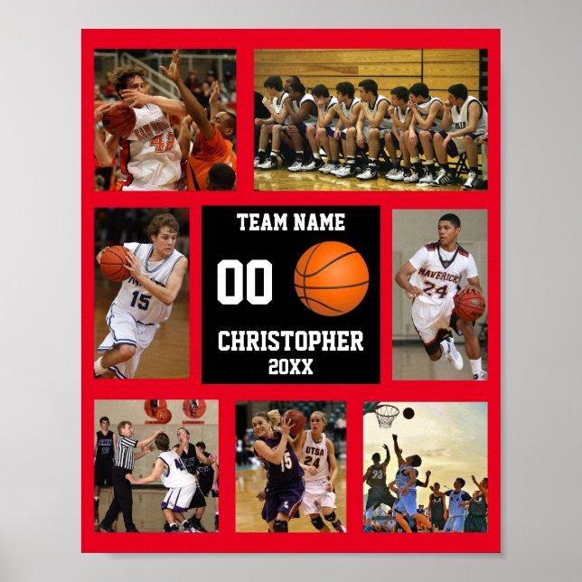 Basketball 7 Photo collage Red team name Poster (Front)