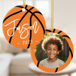 Basketball add custom photo ceramic ornament<br><div class="desc">Ceramic ornament featuring a basketball with your custom name in a cool font with the year below. On the back is a photo frame with your custom photo.</div>